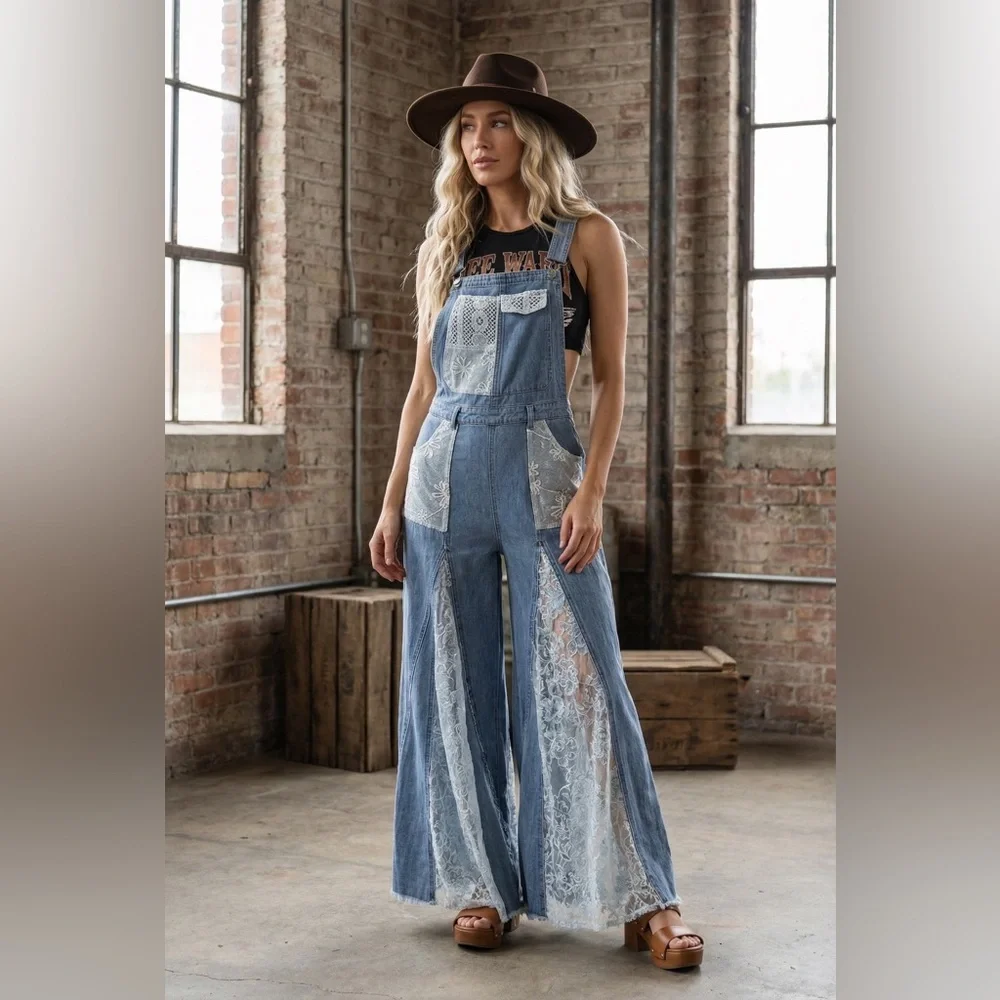 NWT Ultra Wide Leg Flare Lace Panel Patchwork Denim Jean Overalls Jumpsuit - Picture 7 of 7
